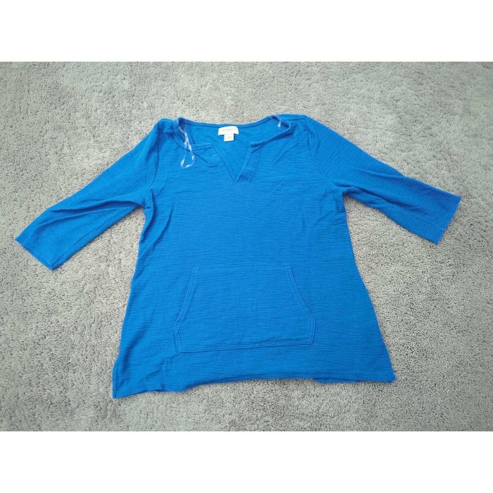 Liz Claiborne Tunic Top Womens L Blue 3/4 Sleeve Split V-Neck Kangaroo Pocket